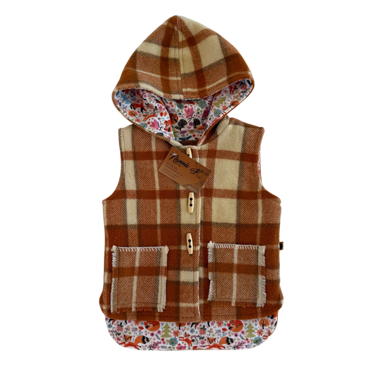 Woollen Vest Warm Rust & Cream Check with Foxes
