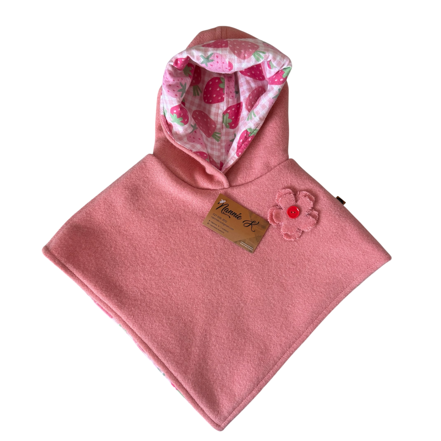 Woollen Poncho Pink with Large Strawberries