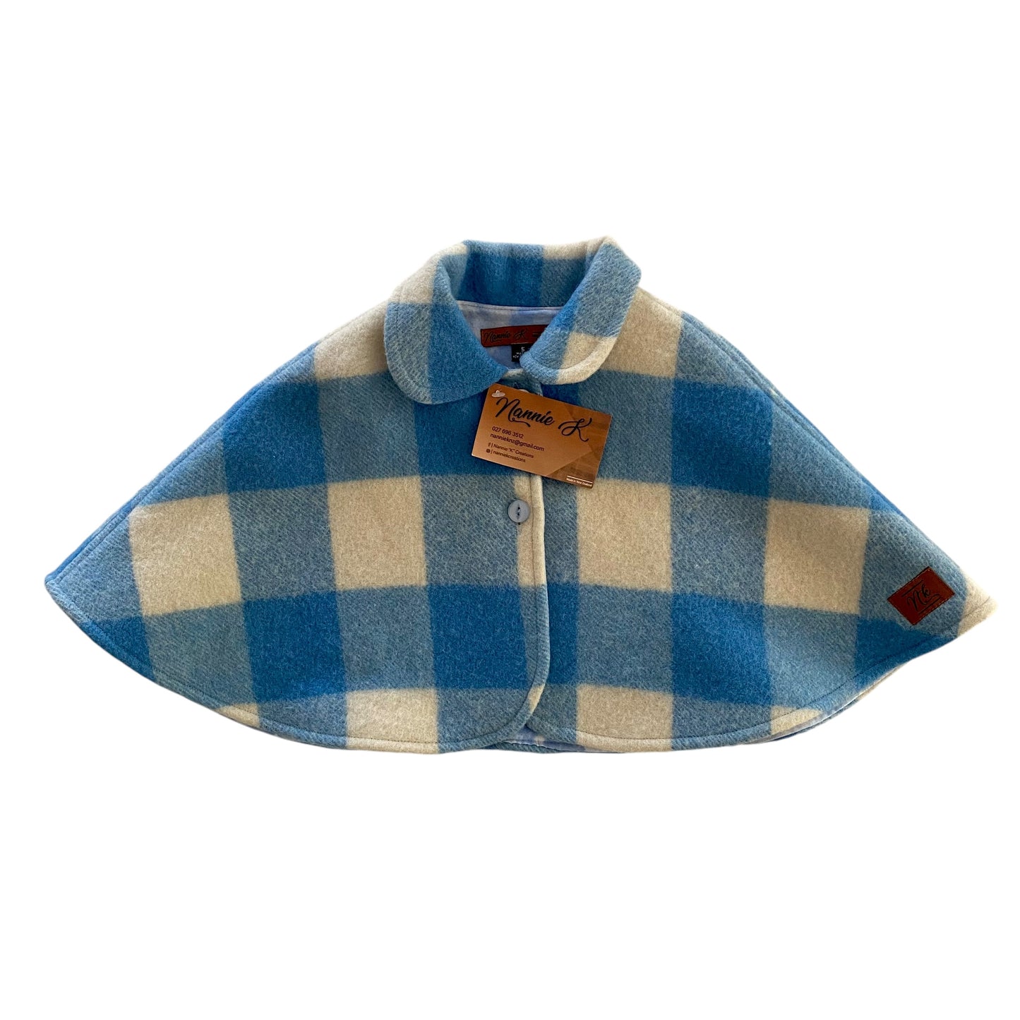 Woollen Cape Blue and Cream Check with Blue Marble Lining