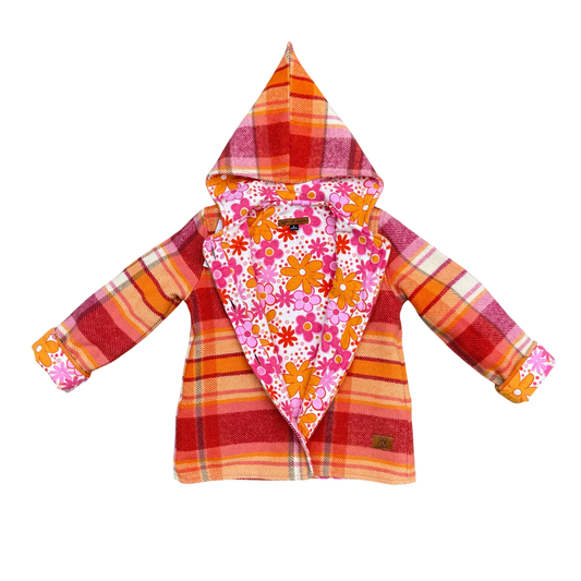 Woollen Maggie Coat Red & Orange with Retro Floral