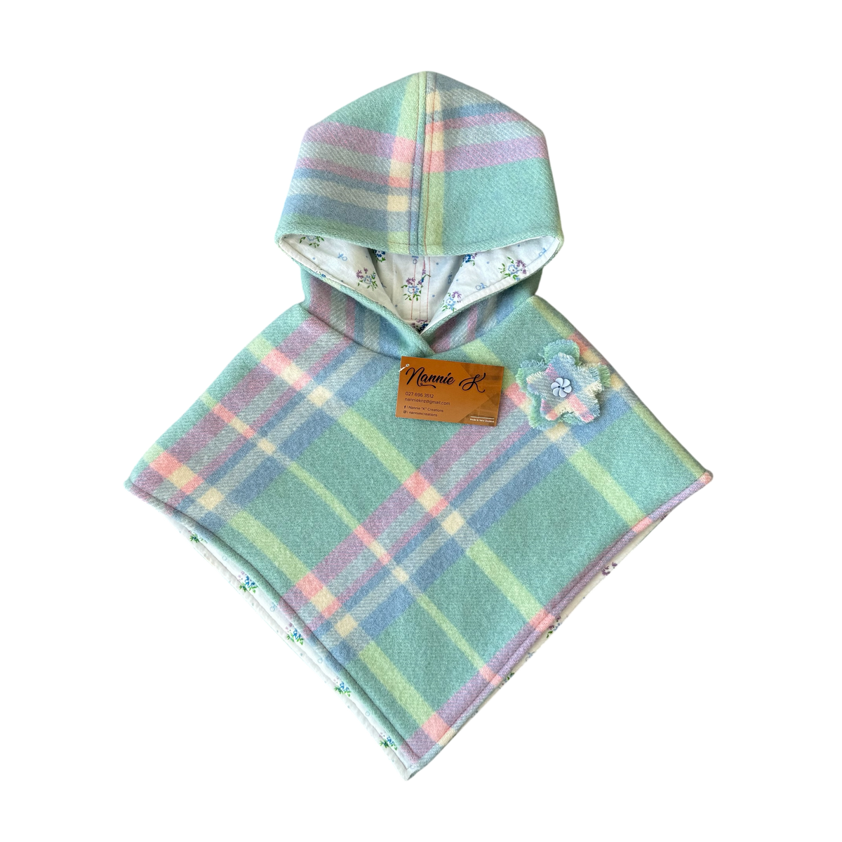 Woollen Poncho Green, Pink & Blue with Small Flowers