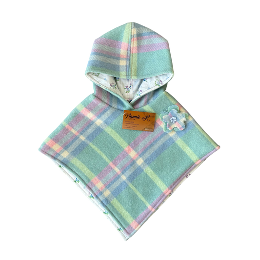 Woollen Poncho Green, Pink & Blue with Small Flowers