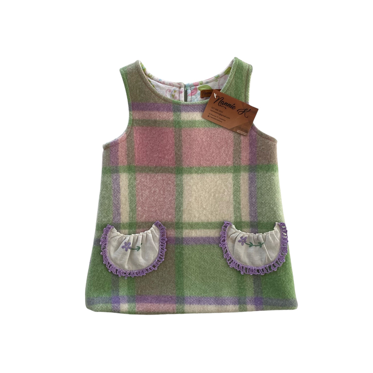 Woollen Pinafore Green & Pink with Floral lining
