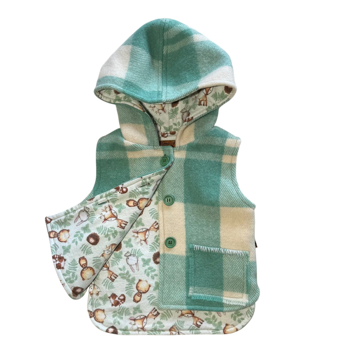 Woollen Vest Green & Cream Check with Forest Friends