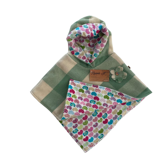 Woollen Poncho Green and Cream with Colourful Heart Lining