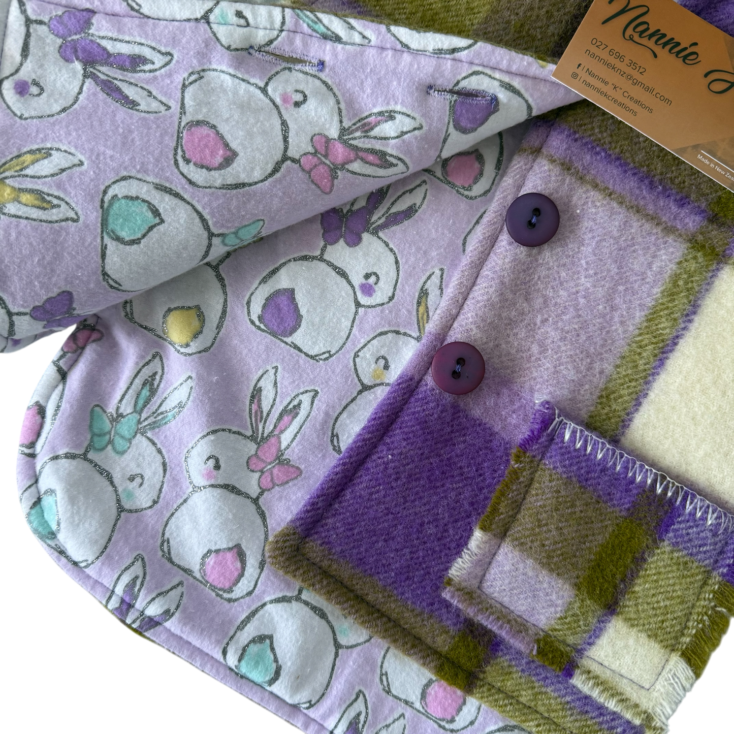Woollen Vest Purple, Olive Green & Cream Plaid with Bunnies