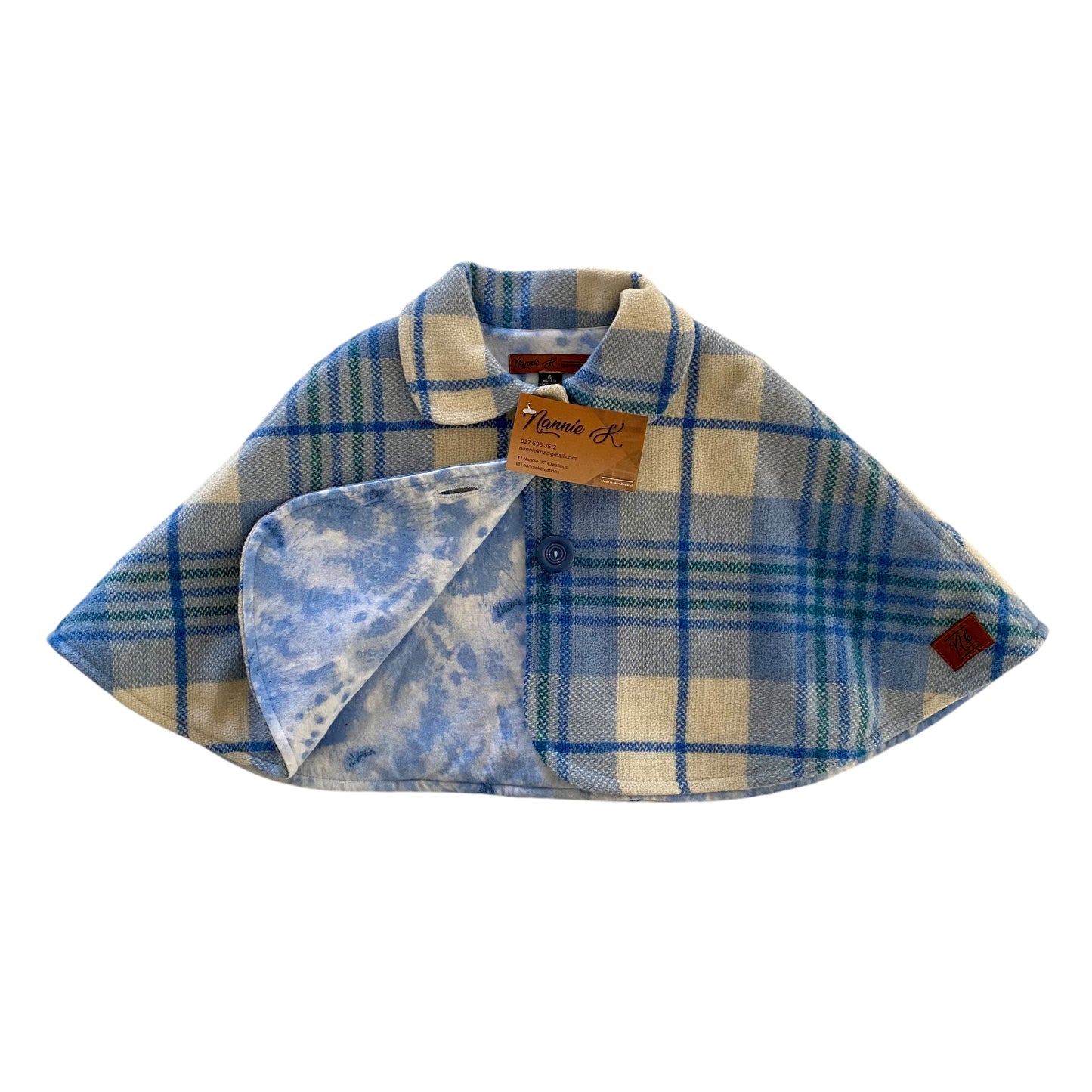 Woollen Cape Blue and Cream with a hint of Green and Marble Blue Lining