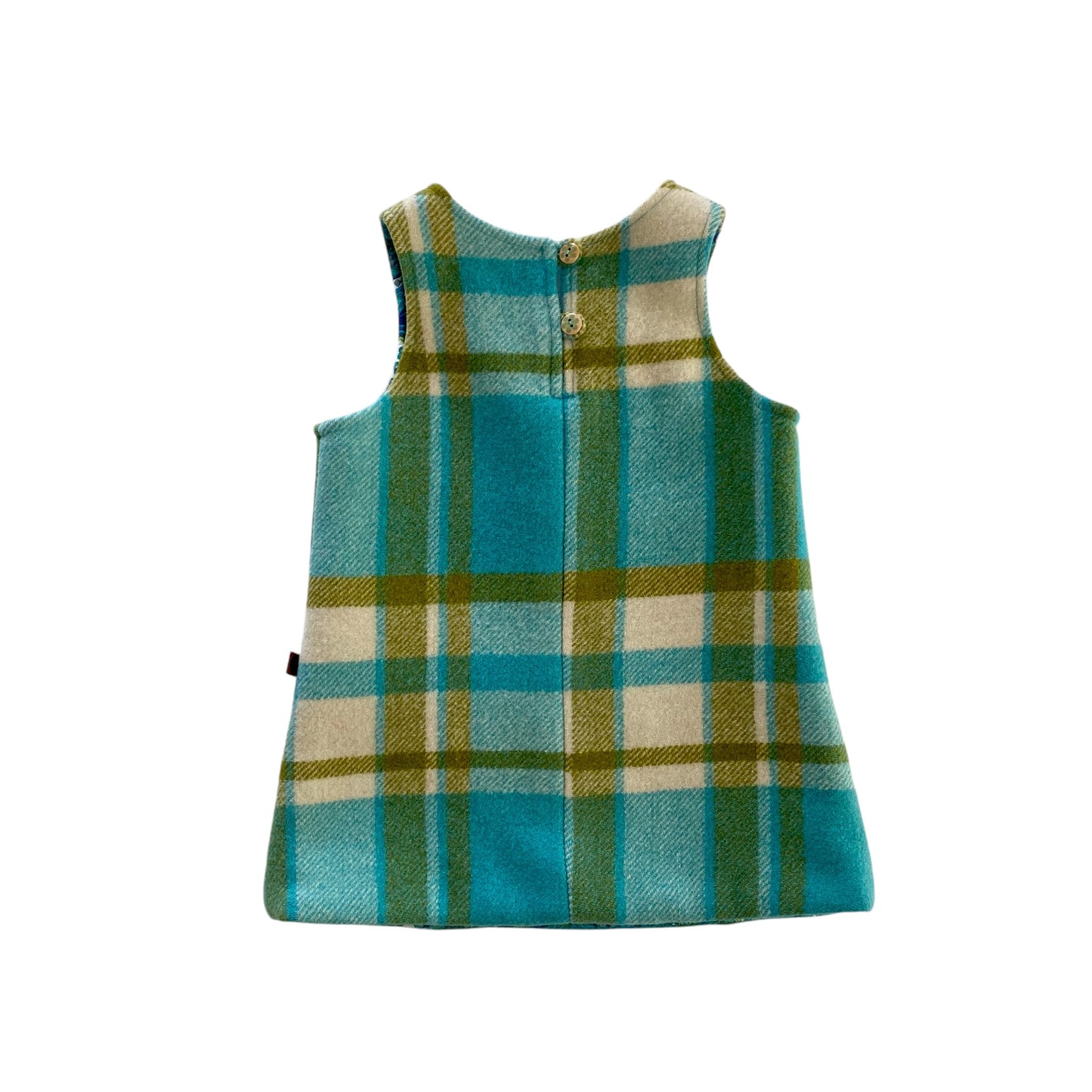 Woollen Pinafore, Blue, Gold and Cream with paisley lining.