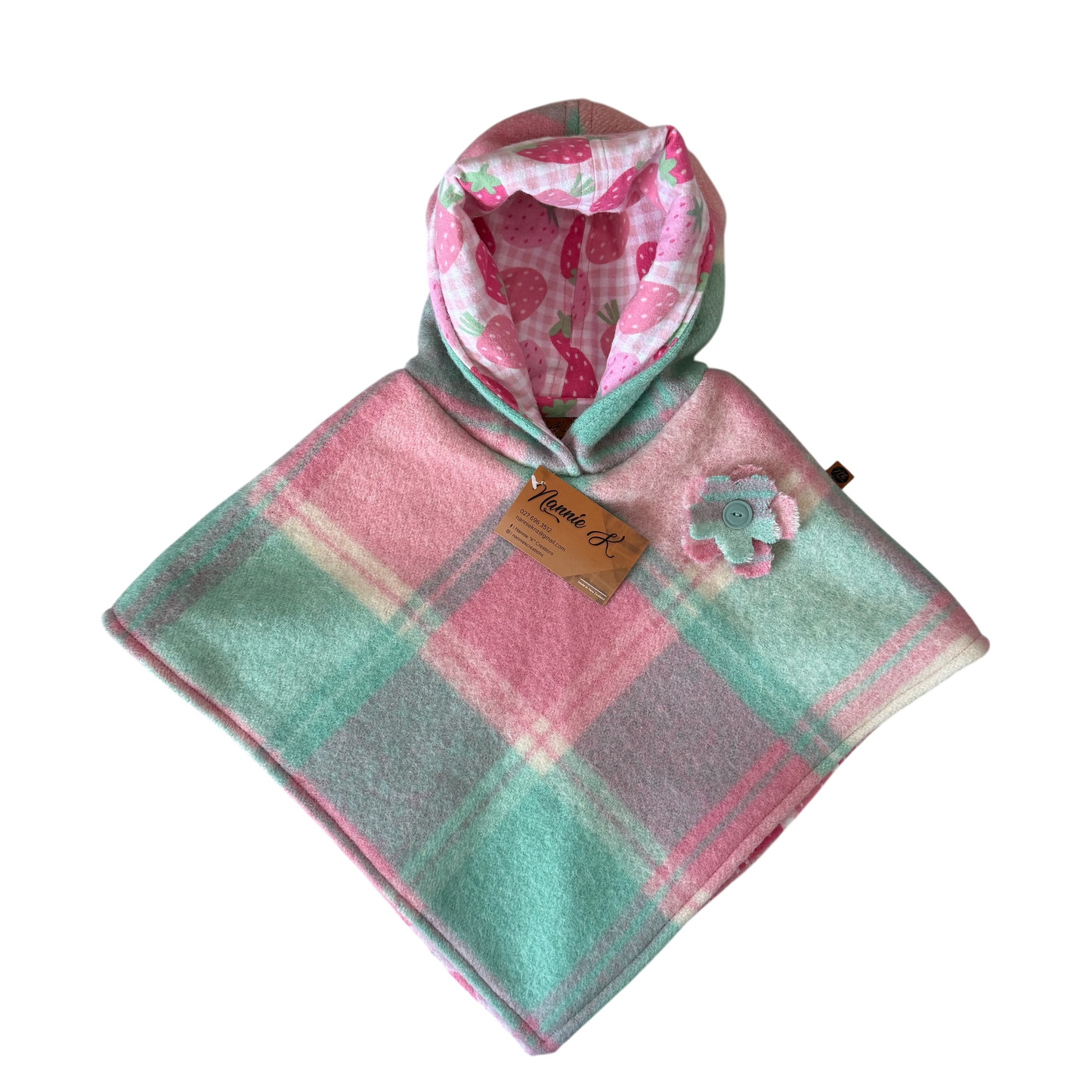 Woollen Poncho Mint Green & Pink with Large Strawberries