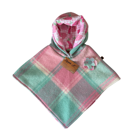 Woollen Poncho Mint Green & Pink with Large Strawberries