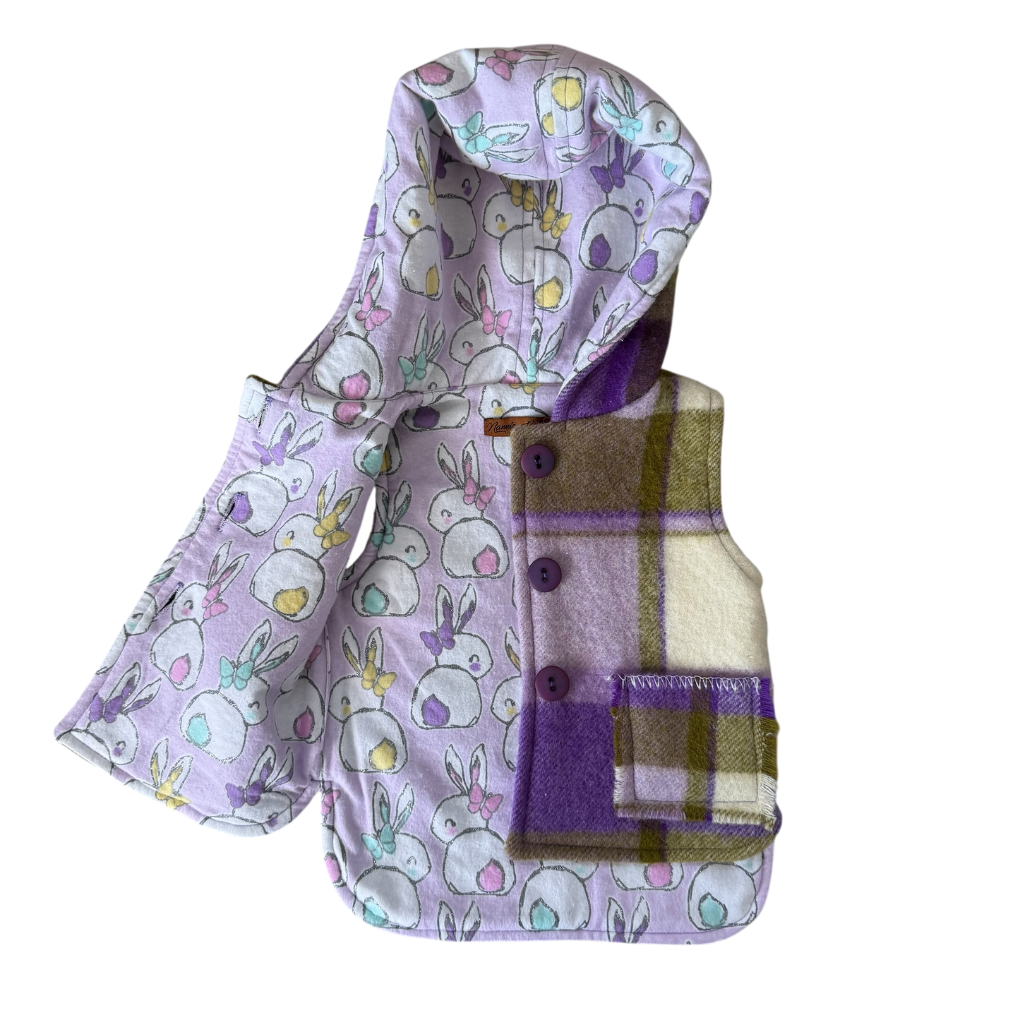 Woollen Vest Purple, Olive Green & Cream Plaid with Bunnies
