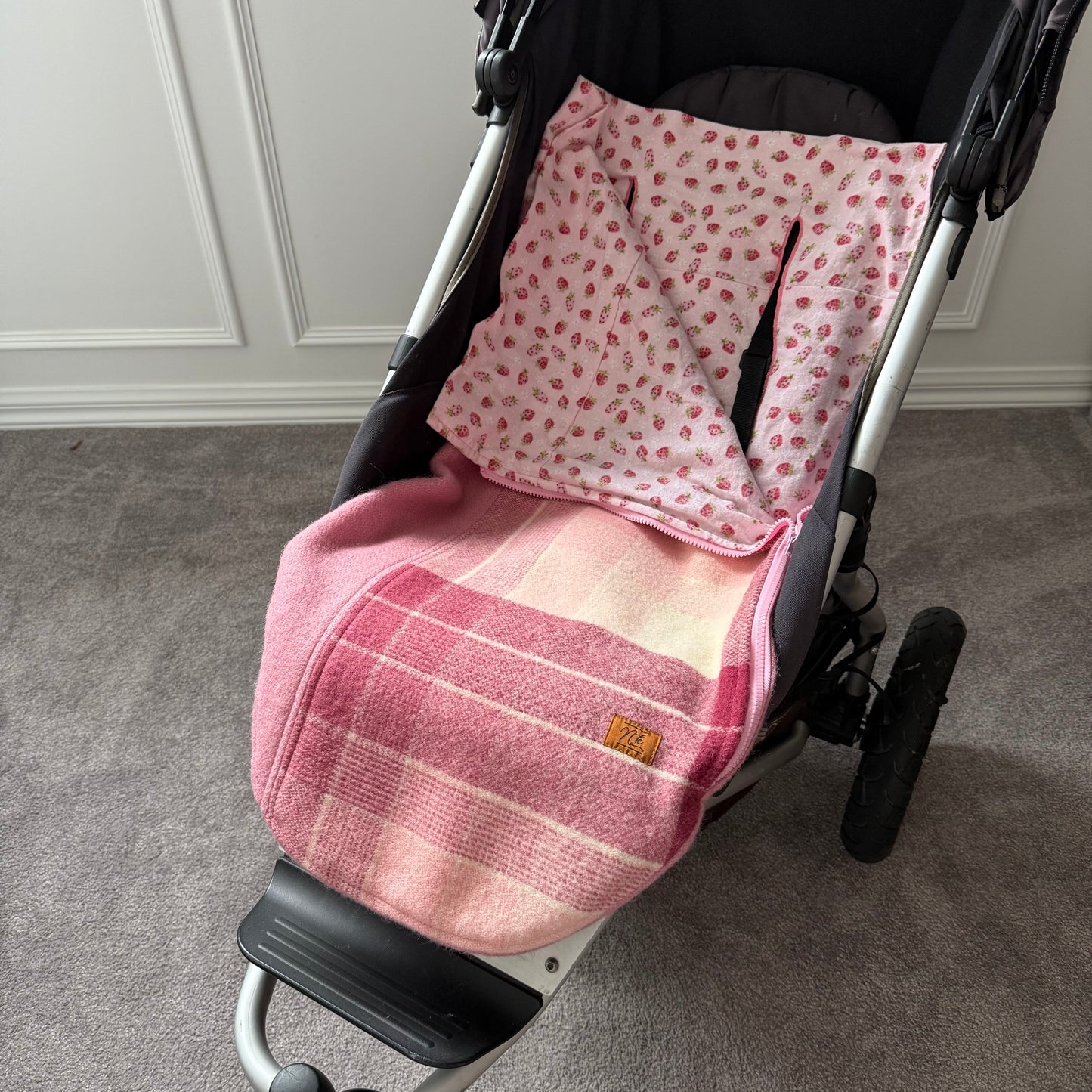 Pram Bag Dusky Pink with Small Strawberries