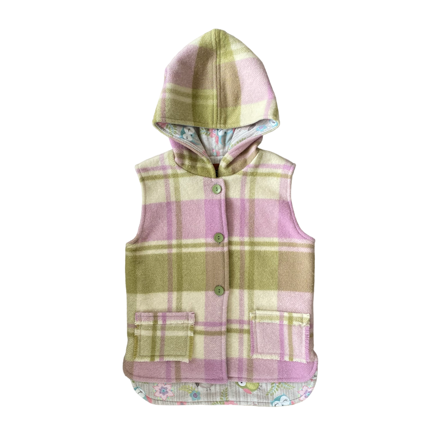 Woollen Vest Mauve and Green with Owls