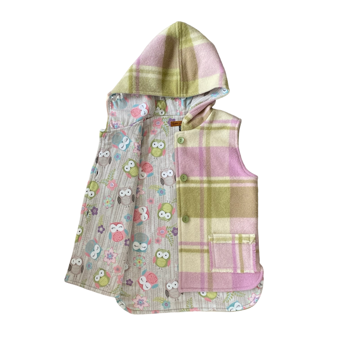 Woollen Vest Mauve and Green with Owls