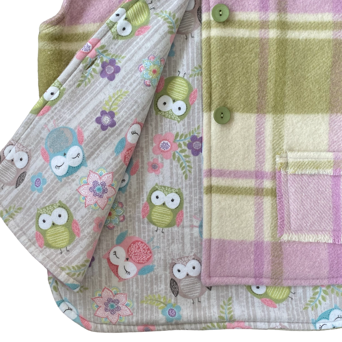 Woollen Vest Mauve and Green with Owls