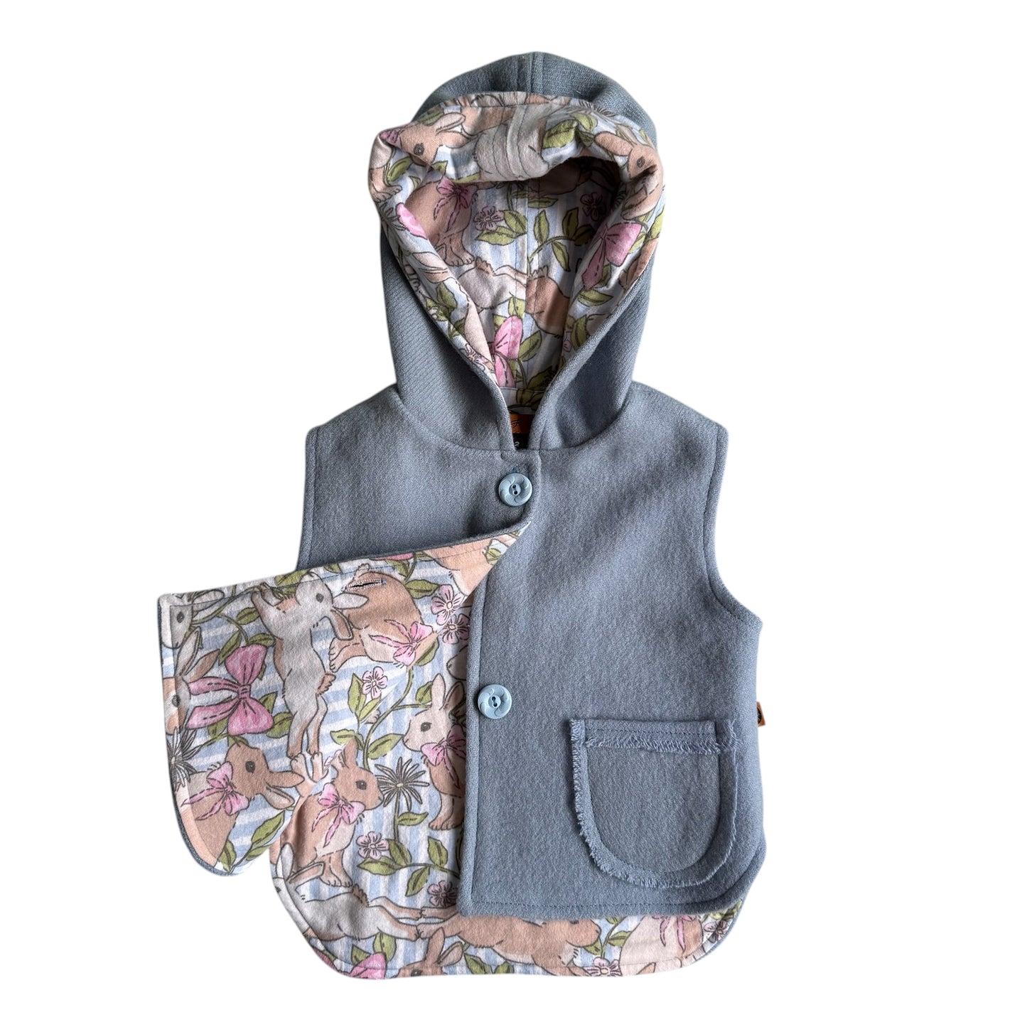 Woollen Vest Blue with pink bow Bunnies
