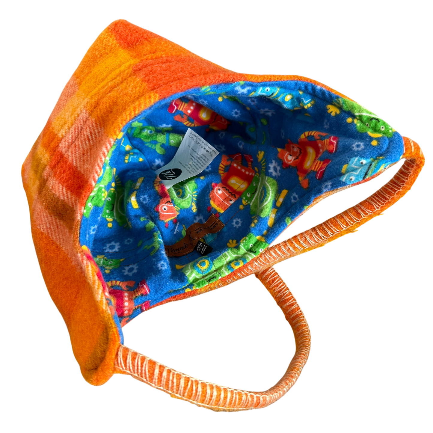 Woollen Hat Orange Check with Colourful Robots