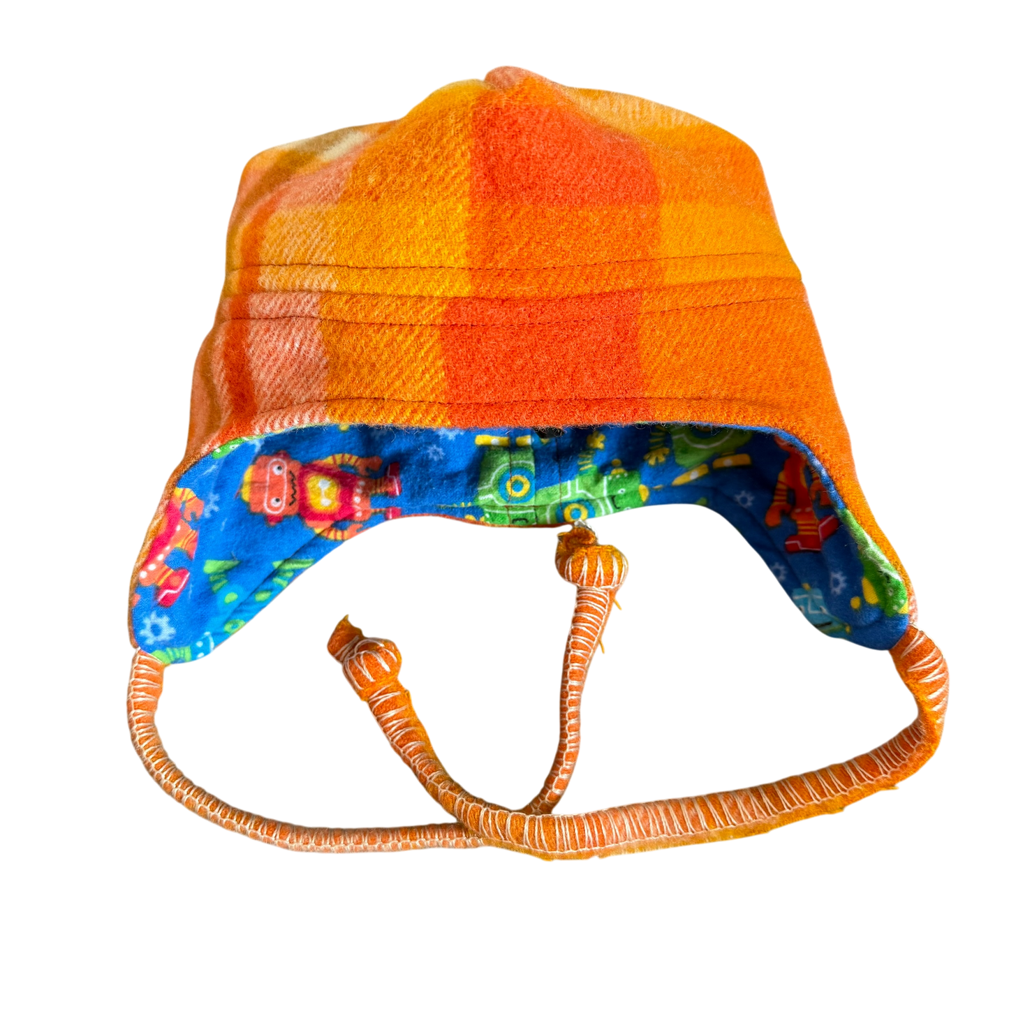 Woollen Hat Orange Check with Colourful Robots