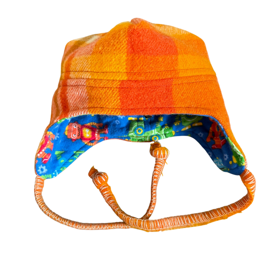 Woollen Hat Orange Check with Colourful Robots