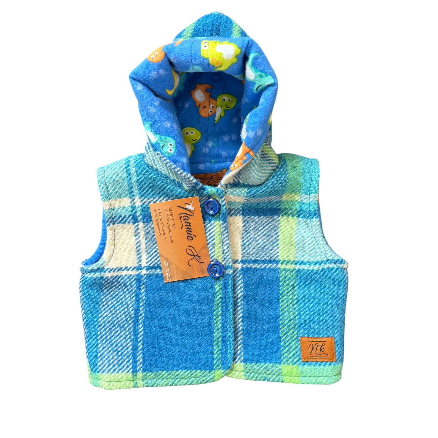Woollen Baby Vest Blue & Green with Little Dino’s