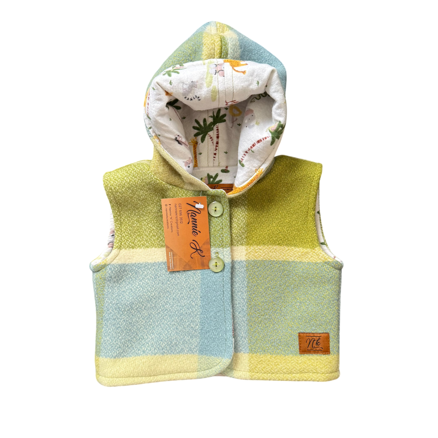Woollen Baby Vest Olive Green & Dusty Blue with Safari