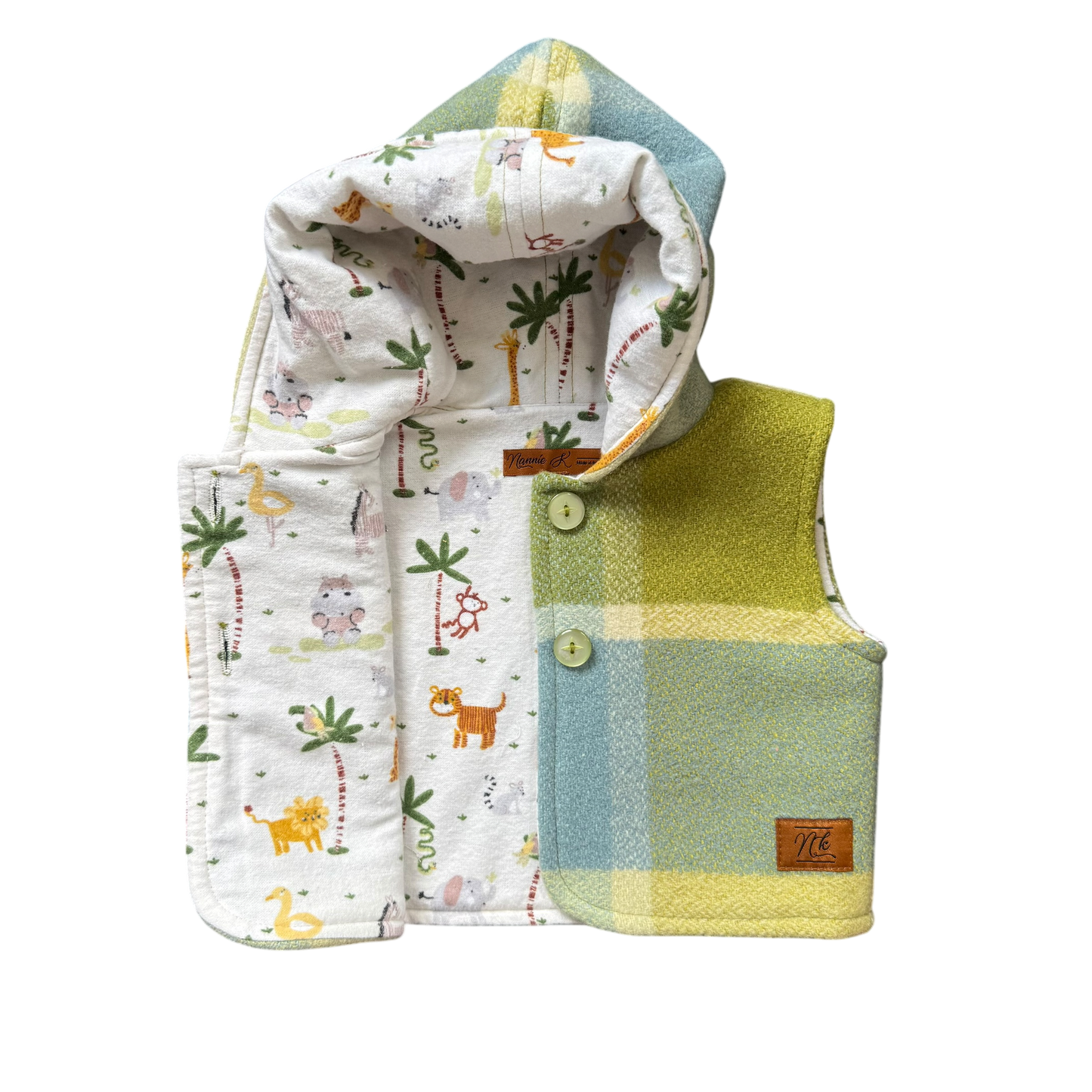 Woollen Baby Vest Olive Green & Dusty Blue with Safari