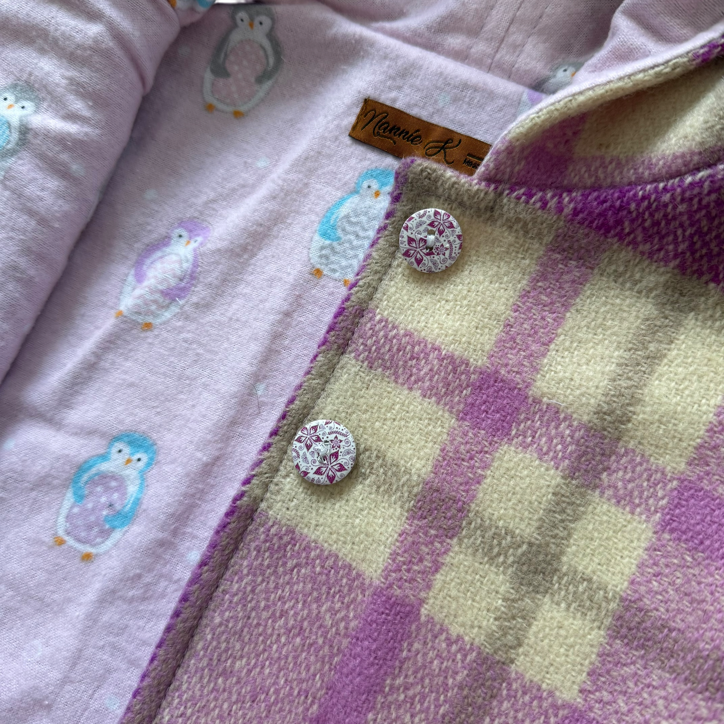 Woollen Baby Vest Purple & Cream Plaid with Penguins