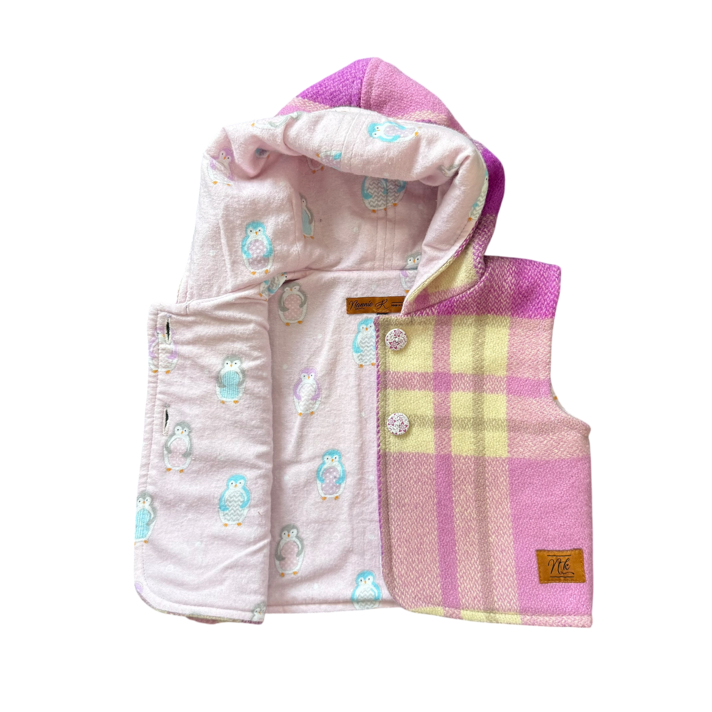 Woollen Baby Vest Purple & Cream Plaid with Penguins