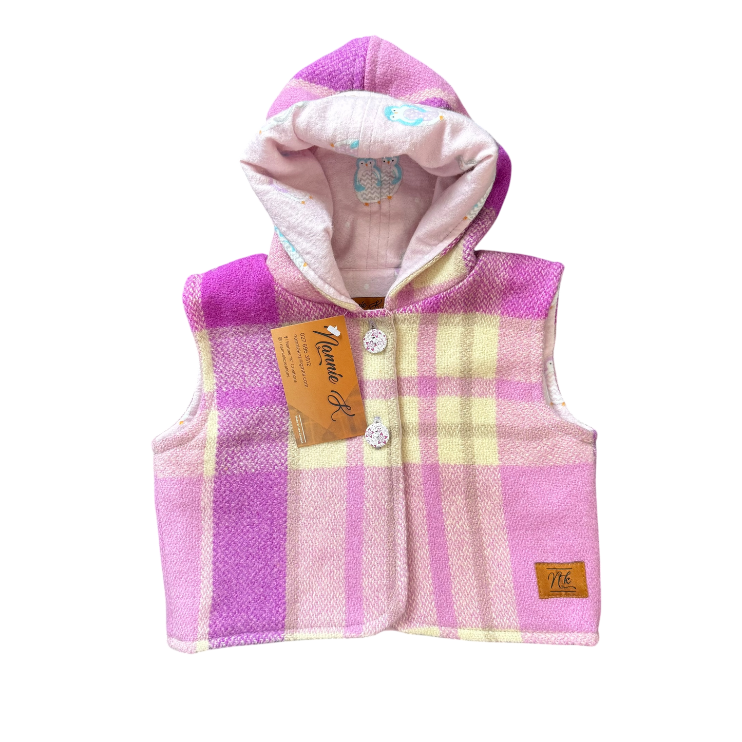 Woollen Baby Vest Purple & Cream Plaid with Penguins