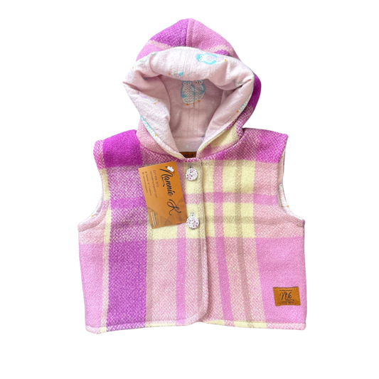 Woollen Baby Vest Purple & Cream Plaid with Penguins