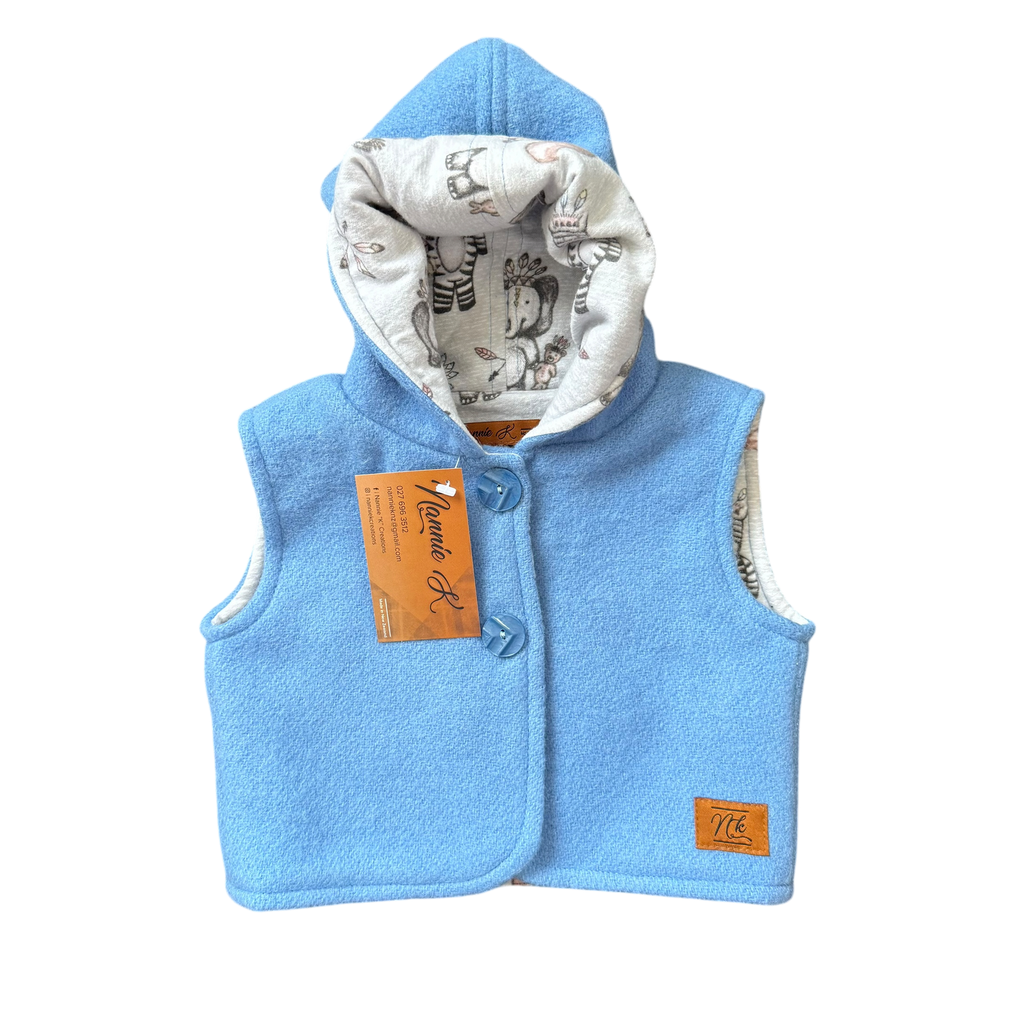 Woollen Baby Vest Blue with Grey Safari