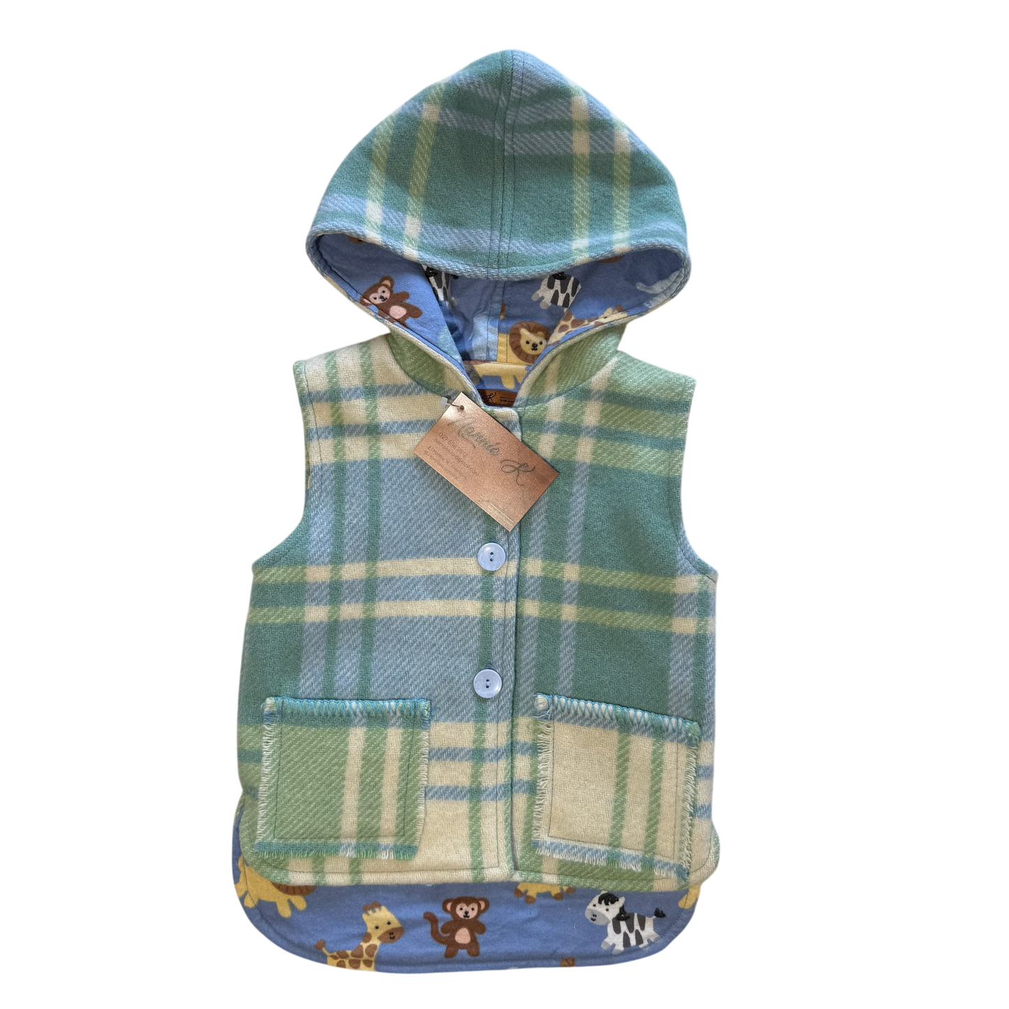 Woollen Vest Blue/Green with Baby animals