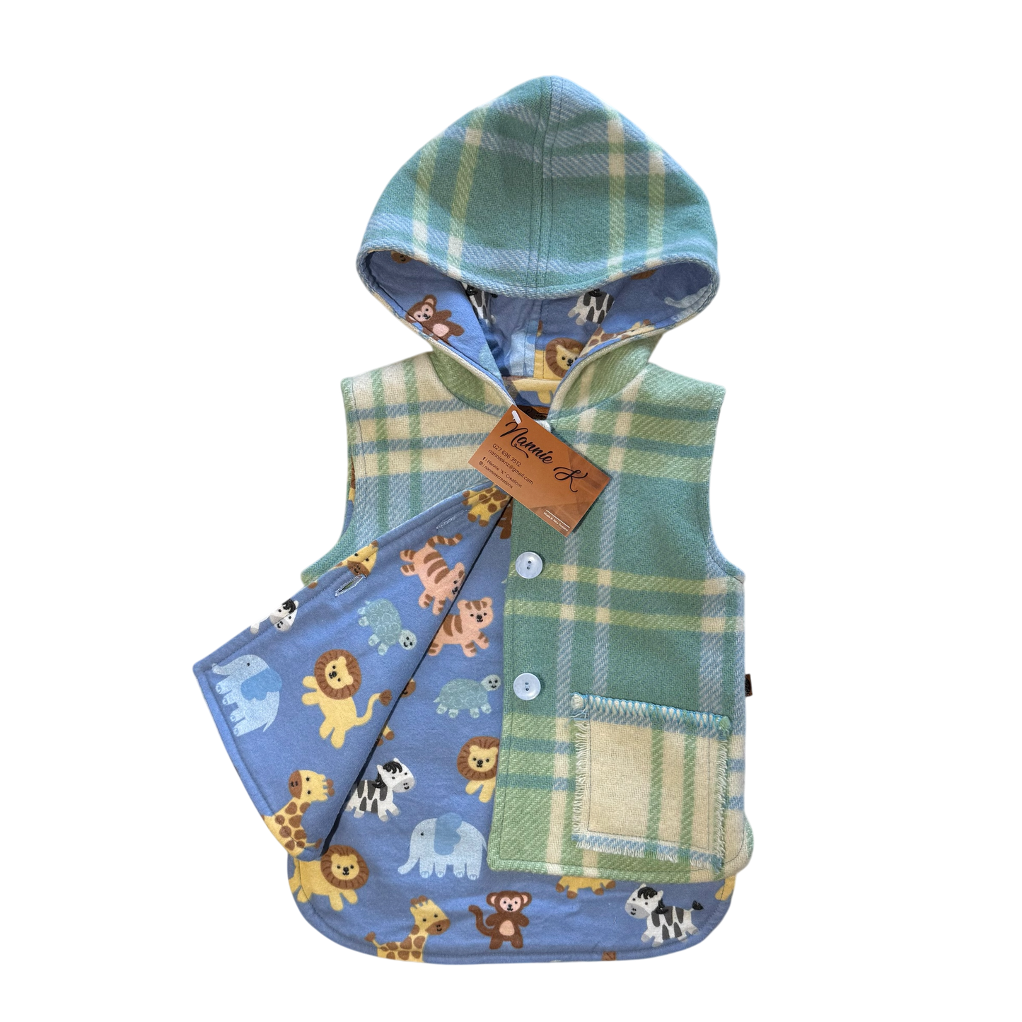 Woollen Vest Blue/Green with Baby animals