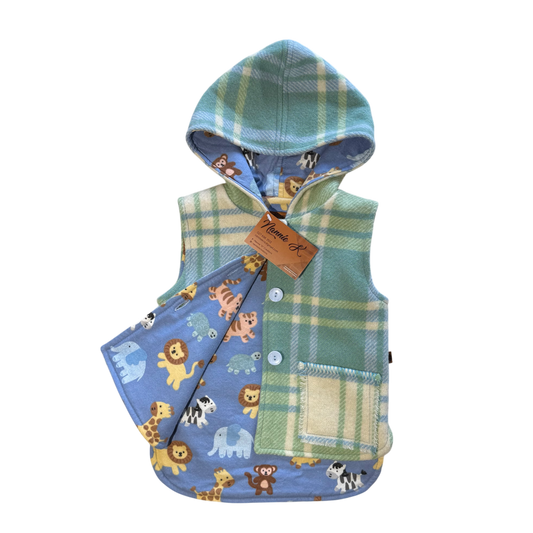 Woollen Vest Blue/Green with Baby animals