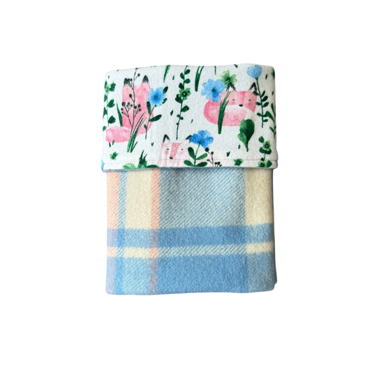 Woollen Blanket Blue, Pink & Cream with Pink Foxes