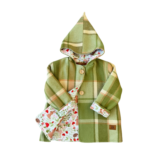 Woollen Maggie Coat Green, Tan & Cream with Forest Animals
