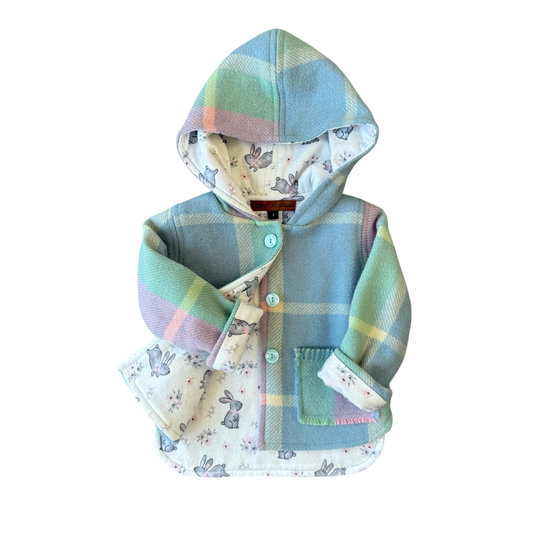 Woollen Jacket Blue, Green & Pink with Cute Grey Bunnies