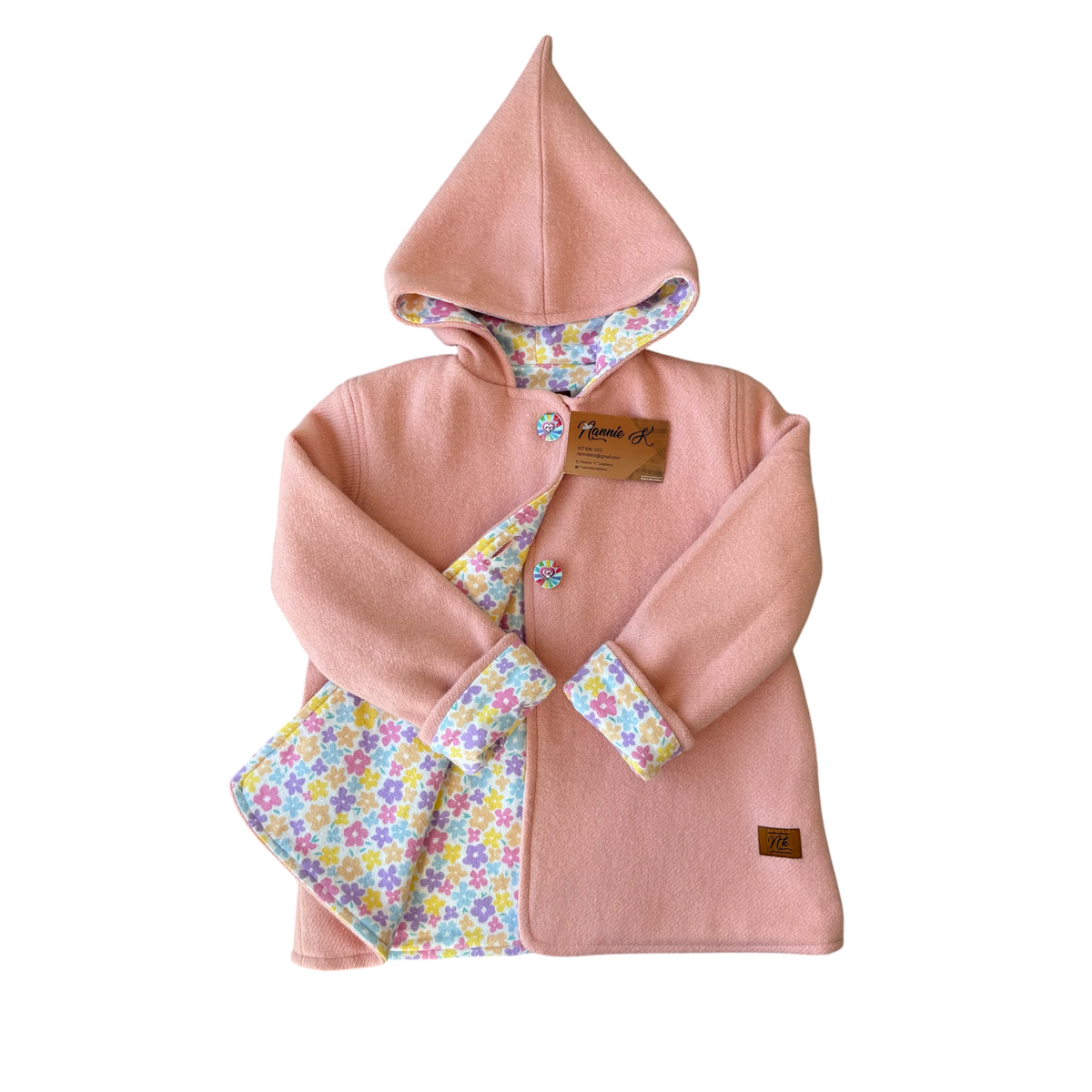 Woollen Maggie Coat Plain Pink with Pretty Flowers
