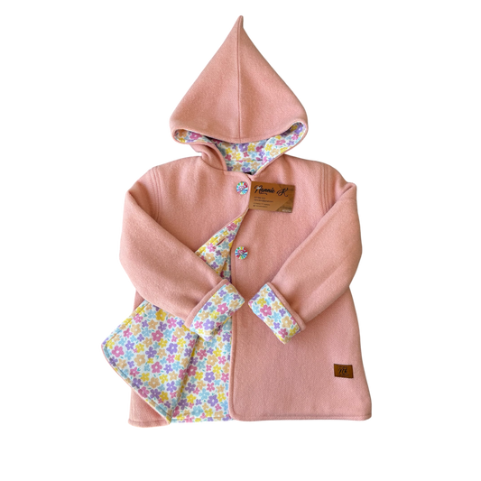 Woollen Maggie Coat Plain Pink with Pretty Flowers